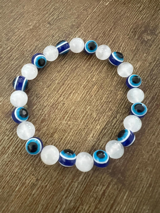 Evil eye and selenite crystal 8mm beads for protection shield, recharge. remove negative energy clearing bracelet