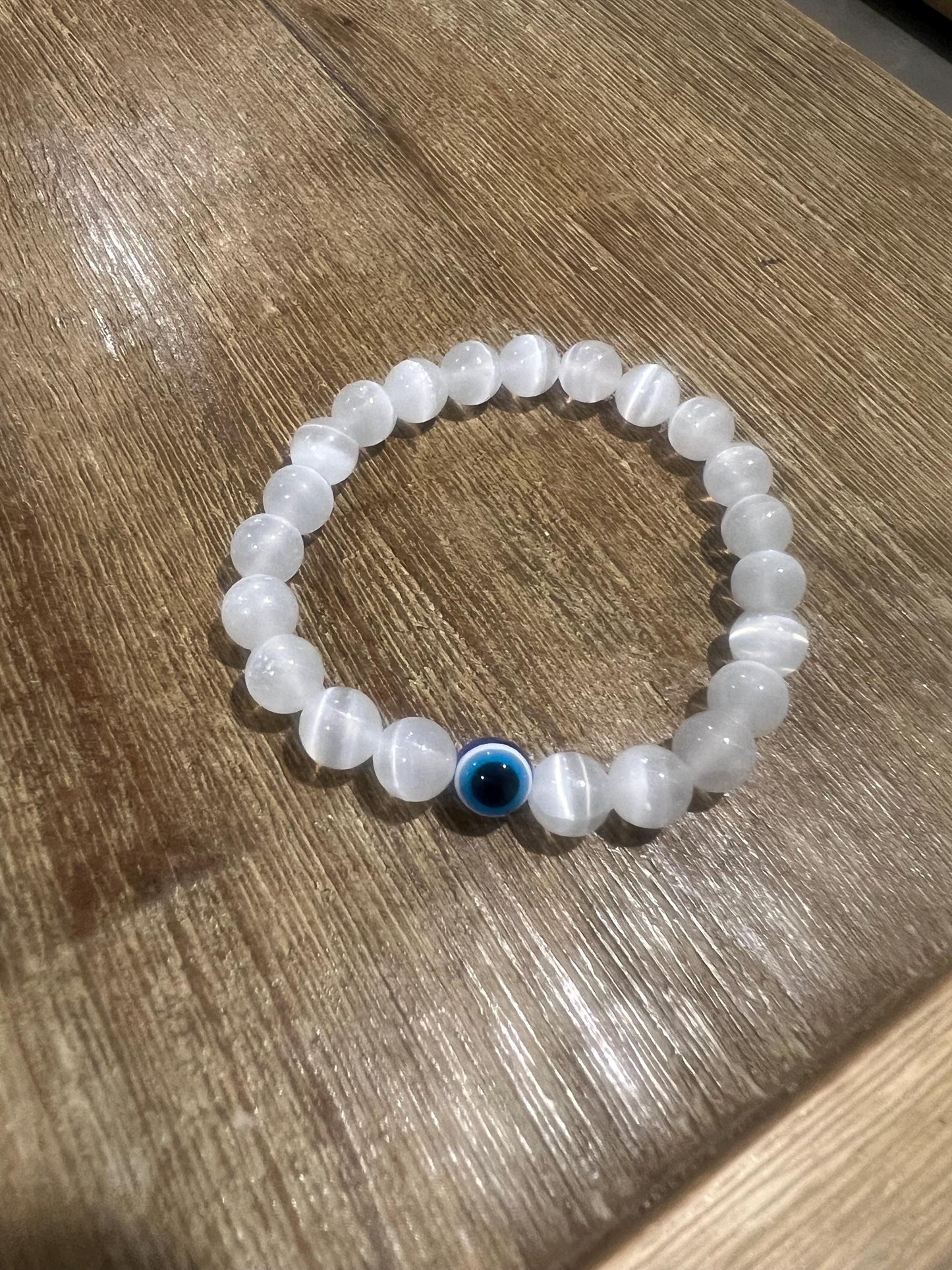 Selenite cleansing recharge healing crystal 8mm beads with evil eye for protection ,healing and high vibrational