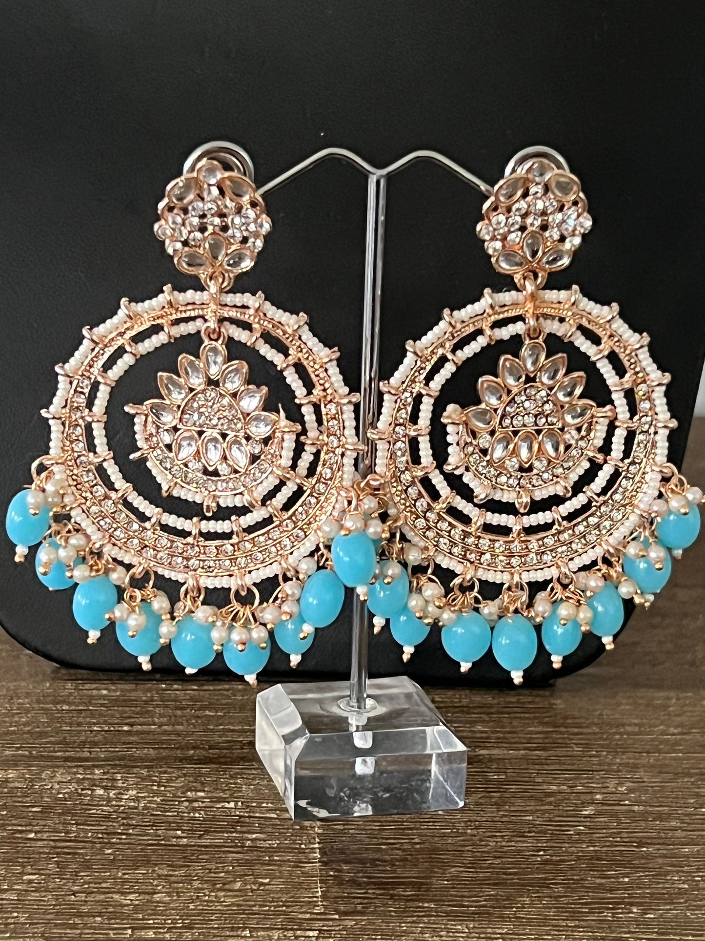 Rose gold kundan and blue beads Chandbali Bali earrings