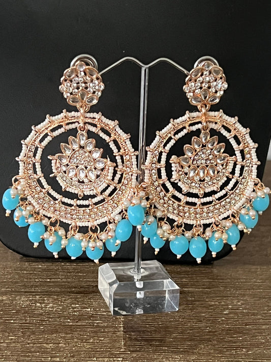Rose gold kundan and blue beads Chandbali Bali earrings